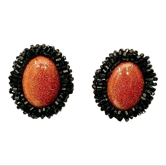 Hand beaded goldstone black glass bugle bead earrings pierced artist made - Picture 12 of 13